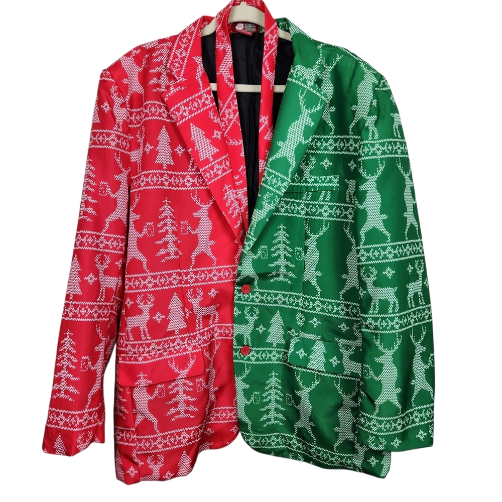 Dec. 25th Christmas Blazer Jacket Tie Reindeer Drinking Beer Mens Size XXL